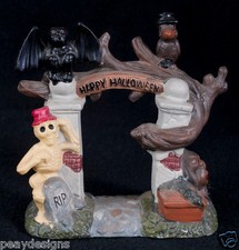 Happy Halloween Haunted Village Graveyard Entrance Spooky Bat Skeleton Gargoyle