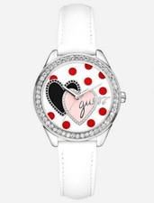 Neuf GUESS Argent, Cristaux, Cuir Blanc Bande, Coeur, Pois Rouges WATCH-U75046L1