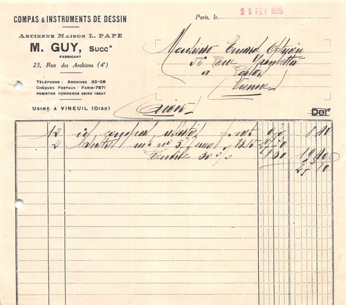 Facture 1925 compas et - ,