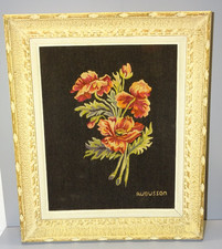 -TAPISSERIE AUBUSSON FLEURS de PAVOT CADRE BOIS EPAIS MONTPARNASSE  Vintage   D