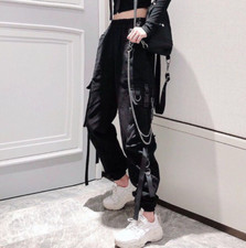 Pantalon Cargo boucle ruban femme élastique Hiphop street wear chaîne high waist