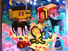 Tableau huile/toile 40x50  Veillée Tzigane  DELTRIEU fauve + Cadre Réf ARTMAJEUR