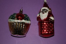 -ANCIENNE BOULE DE NOEL PERE NOEL ET PANIER  VERRE Eglomisé Mercurisé