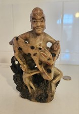 RARE SCULPTURE ASIATIQUE STATUETTE HOMME 3 ANIMAUX EN PIERRE DE LARD DURE CHINE
