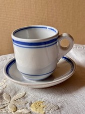 Ancien BRULOT TASSE + SOUS-TASSE faïence bleutée 19e à rayures bleues