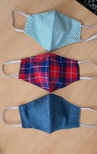 Lot 3 Masque Protection Tissu100% Coton/enfant 6_10 ans/madras rouge/rayée/jeans