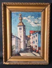 Tableau huile paysage vue de ville Europe de l'Est signé début XXème 