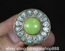 1.4 "vieux chinois argent incrusté turquoise dynastie de pierres fleur anneau