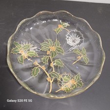 Coupe Assiette Verre Émaillée Ancienne Style  Ou Legras Decors Houx Tripode