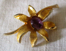 Ancienne Broche superbe couleur or cristal améthyste rare bijou vintage 5283