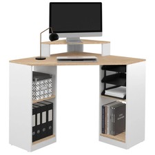 Bureau d'angle HARRY blanc et façon hêtre gain de place bureau informatique avec