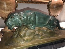 FAVEDE R    Importante (52cm) Panthère en régule vert sur socle en marbre Signée