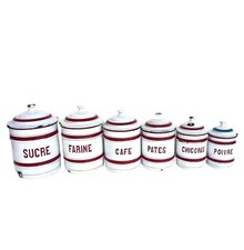 SERIE DE 6 ANCIENS POTS A ÉPICES ÉMAILLÉS  ST SERVAIS BELGIQUE   DECO CUISINE 