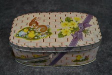 PETITE BOITE A GATEAU EN TOLE LITHOGRAPHIEE DECOR LAPIN OEUF DE PAQUE