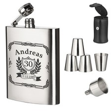 7-tlg. Inox Flasque à Whisky Set Incl. Gravure Motif Anniversaire