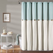 Rideau de Douche à Boutons en Lin 183 x 183 cm Bleu et Blanc cassé