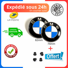 2x Emblème Logo BMW Bleu Blanc 82mm 74mm Capot Coffre + 4 oeillets Fixation NEUF