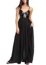 Damen Palazzo Large Jambe Voile Mieder Kunstleder Bretelles Noir Jumpsuit 188