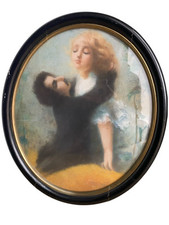 Superbe pastel romantique du XIXe siècle – "L’Embrassade" – Signé Tableau Ancien