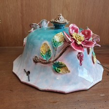 Grande Suspension Vasque Porte Plante en Barbotine Fleur - Chaines - Art Nouveau