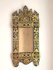 Miroir Oriental à Fronton Découpé Verre Peint Fleurs Dorées Fond Noir 73 cm