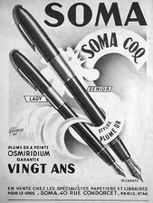 PUBLICITÉ SOMA COQ SENIOR ET LADY STYLOS PLUME OR A POINTE OSMIRIDIUM - N.ROQUIN