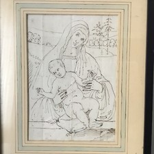 Dessin Ancien Encre Vierge À L’Enfant Madone Madonna Antique Drawing