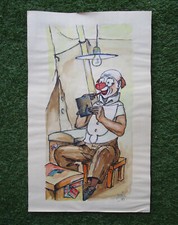 Ancien très beau tableau signé Podio, gouache sur papier, clown, cirque, 1970.