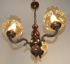 Ancien lustre français vintage 3 nuances ambre bois clair et métal bronzé 5598