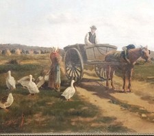 Gardienne d'Oies Grand Tableau Original XIXe Signature en rouge 53 x 72 cm