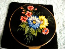 Poudrier Ancien Fleurs STRATTON NOIR - Old BLACK STRATTON Compact Powder flowers