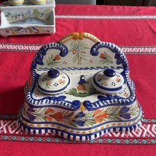 Encrier Ancien HB Quimper Décor Fleurit Et Breton Fumant La Pipe