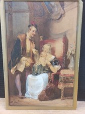 Tableau Aquarelle Romantique  XIXe Scène de Vie de Famille Signée à identifier