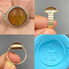 Belle bague ancienne romaine en argent massif agate cornaline combattant tail...