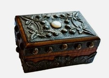 Boîte à timbres ancienne bois métal décor perle vintage antique stamp box France