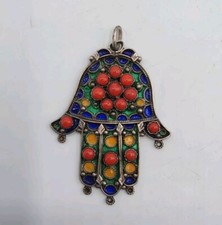 Bijou ethnique pendentif khamsa argent émaillé verre rouge Kabyle début XXème