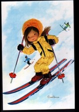 SPORT SKI en HIVER / Carte postale brodée , illustrée CONSTANZA