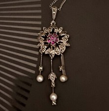Ancien Collier Pendentif Argent massif Rubis Marcassites 1900