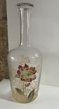 ANCIENNE CARAFE FLACON BOUTEILLE VERRE  EMAILLÉ DÉCORS FLEURS COLLECTION DÉCO
