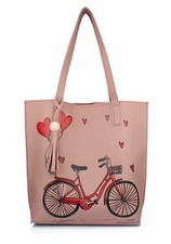 Neuf Femmes PU Matière Sac pour Filles Stylé Main Cycle Imprimé Rose