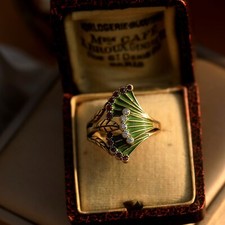 Bague Doré Antique Réglable Art Nouveau Feuille Ginkgo Vert CZ Rouge Blanc SB51