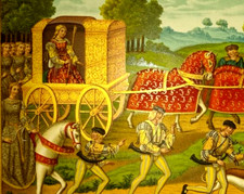 lithographie chasse moyen age carrosse chevaux dames de la cours roi de france