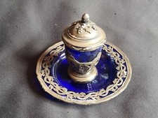 Risler & Carré / Encrier en cristal bleu & argent massif ajouré / Louis XVI XIXe