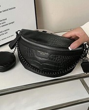 Sac Banane + Porte Monnaie Noir Simili Cuir Zippé Sacoche Femme Croco Réglable