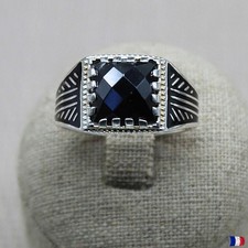 Bague Argent Onyx Facetté homme. Chevalière Argent Onyx carrée. Taille 64 ou 68.