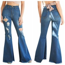 Femme Déchiré Jeans Évasé Pantalon Délavé Slim Patte D’Éléphant Décontractée