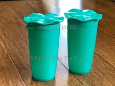 NOS Tupperware Open House Salt & Pepper Shakers Set Flower Top Teal Green Vtg