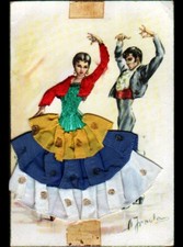 ESPAGNE / Couple , DANSEUSE de FLAMENCO robe brodée tissu vers 1950