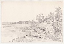 Emeric De Tamagnon - Paysage Fluvial Bateau De Rivière Dessin