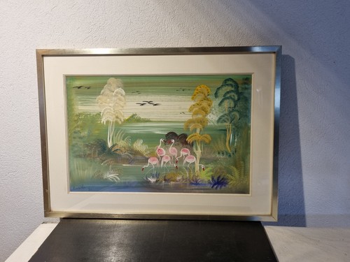 Tableau signé flamant - signé, rose